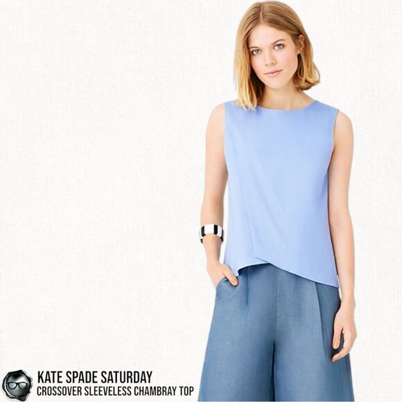VINTAGE KATE SPADE SATURDAY CROSSOVER SLEEVELESS POPLIN SHIRT IN CHAMBRAY BLUE - Picture 1 of 8